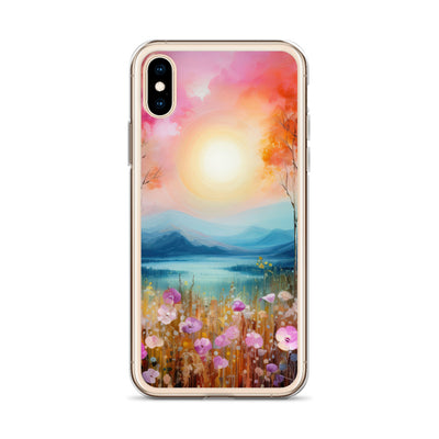 Berge, See, pinke Bäume und Blumen - Malerei - iPhone Schutzhülle (durchsichtig) berge xxx
