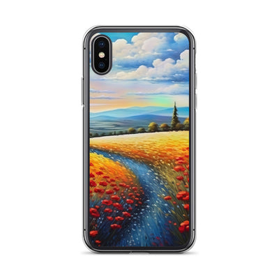 Feld mit roten Blumen und Berglandschaft - Landschaftsmalerei - iPhone Schutzhülle (durchsichtig) berge xxx iPhone X XS