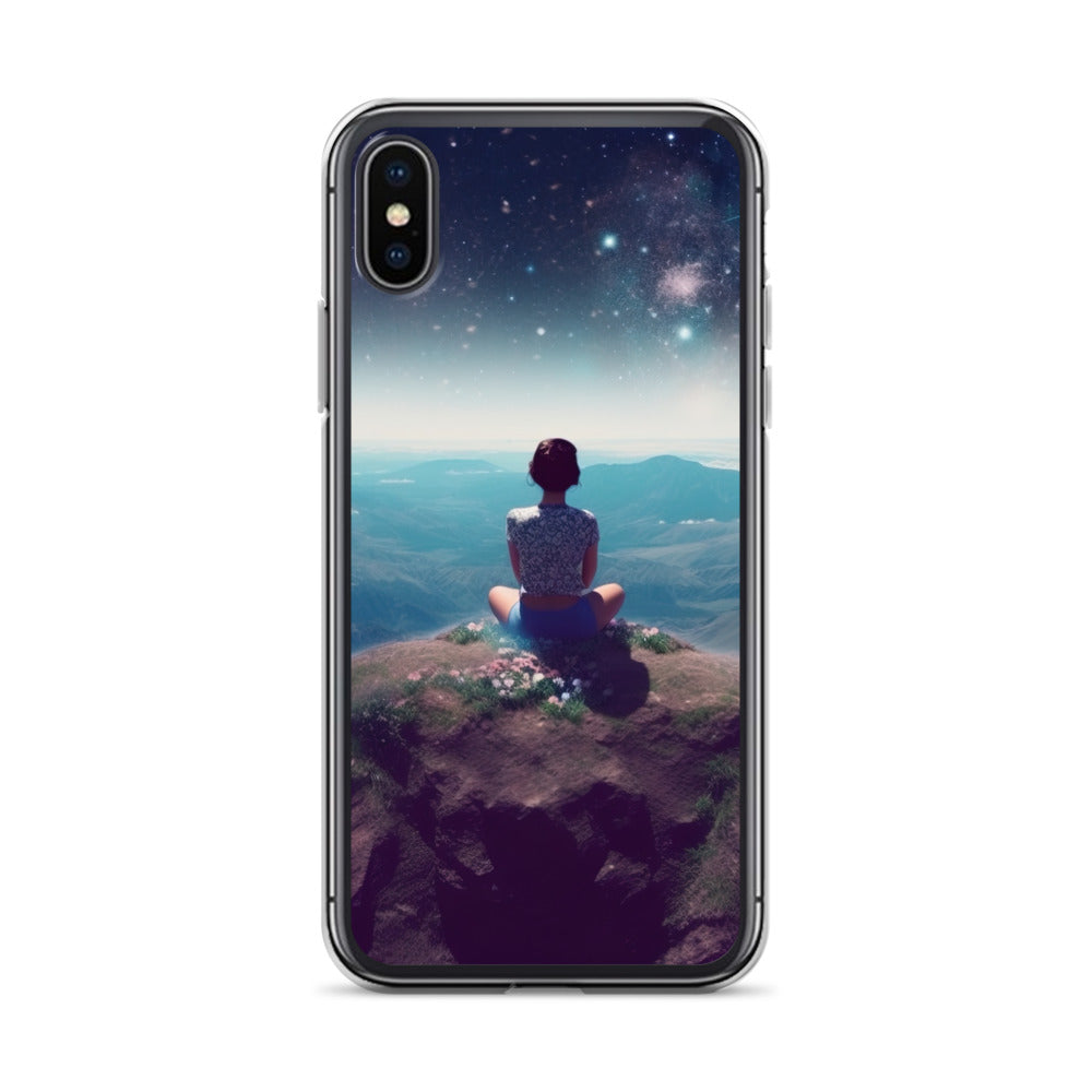 Frau sitzt auf Berg – Cosmos und Sterne im Hintergrund - Landschaftsmalerei - iPhone Schutzhülle (durchsichtig) berge xxx iPhone X XS