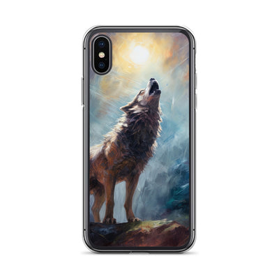 Heulender Wolf auf Berggipfel und Mond im Hintergrund – Abstrakte Malerei - iPhone Schutzhülle (durchsichtig) camping xxx iPhone X XS