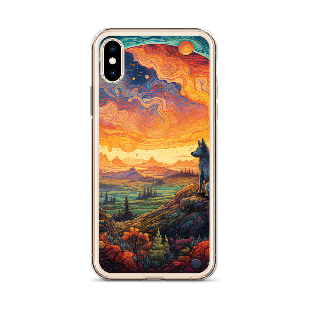 Hund auf Felsen - Epische bunte Landschaft - Malerei - iPhone Schutzhülle (durchsichtig) camping xxx