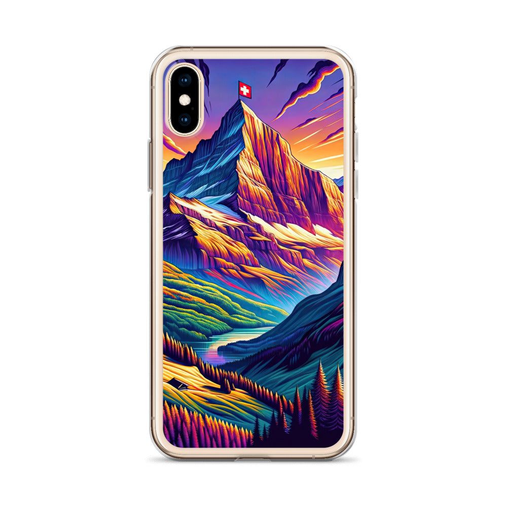 Bergpracht mit Schweizer Flagge: Farbenfrohe Illustration einer Berglandschaft - iPhone Schutzhülle (durchsichtig) berge xxx yyy zzz