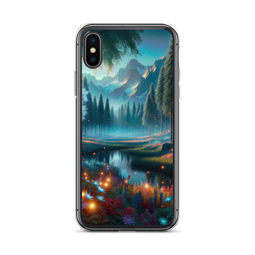 Ätherischer Alpenwald: Digitale Darstellung mit leuchtenden Bäumen und Blumen - iPhone Schutzhülle (durchsichtig) camping xxx yyy zzz iPhone X XS