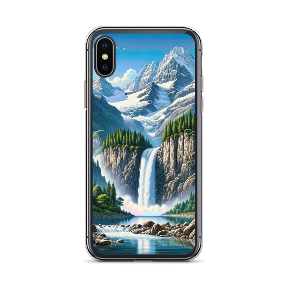 Illustration einer unberührten Alpenkulisse im Hochsommer. Wasserfall und See - iPhone Schutzhülle (durchsichtig) berge xxx yyy zzz iPhone X XS