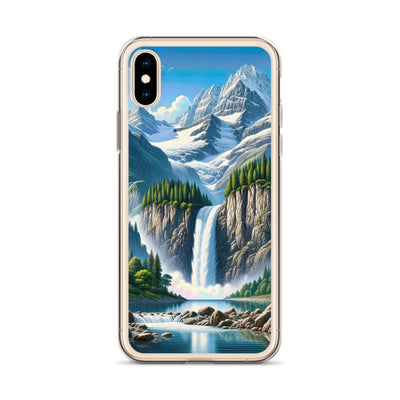Illustration einer unberührten Alpenkulisse im Hochsommer. Wasserfall und See - iPhone Schutzhülle (durchsichtig) berge xxx yyy zzz