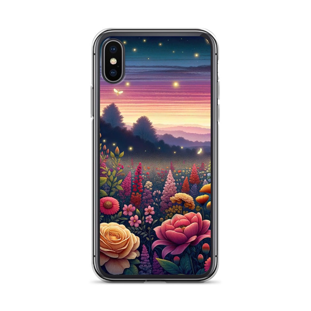 Skurriles Blumenfeld in Dämmerung, farbenfrohe Rosen, Lilien, Ringelblumen - iPhone Schutzhülle (durchsichtig) camping xxx yyy zzz iPhone X XS