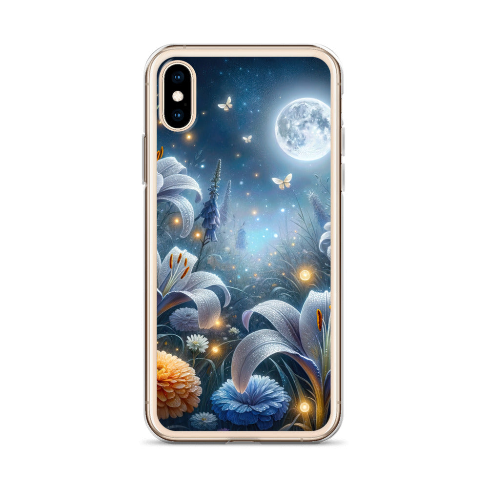 Ätherische Mondnacht auf blühender Wiese, silbriger Blumenglanz - iPhone Schutzhülle (durchsichtig) camping xxx yyy zzz