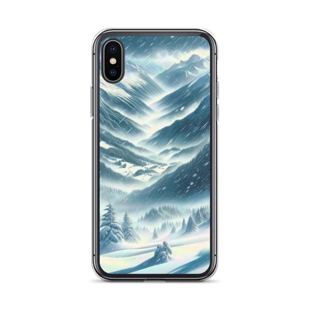 Alpine Wildnis im Wintersturm mit Skifahrer, verschneite Landschaft - iPhone Schutzhülle (durchsichtig) klettern ski xxx yyy zzz iPhone X/XS