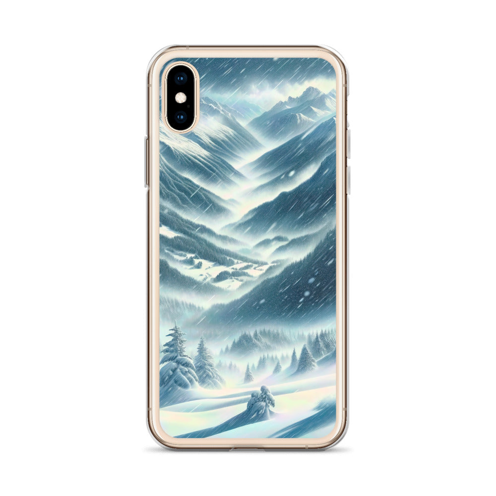 Alpine Wildnis im Wintersturm mit Skifahrer, verschneite Landschaft - iPhone Schutzhülle (durchsichtig) klettern ski xxx yyy zzz
