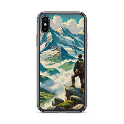 Panoramablick der Alpen mit Wanderer auf einem Hügel und schroffen Gipfeln - iPhone Schutzhülle (durchsichtig) wandern xxx yyy zzz iPhone X XS