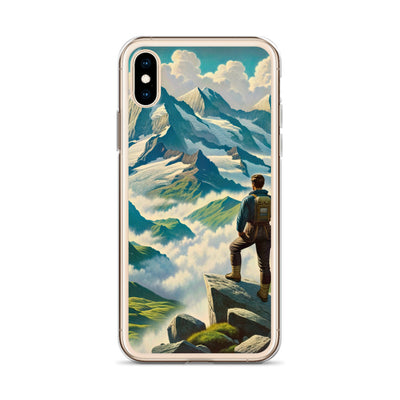 Panoramablick der Alpen mit Wanderer auf einem Hügel und schroffen Gipfeln - iPhone Schutzhülle (durchsichtig) wandern xxx yyy zzz