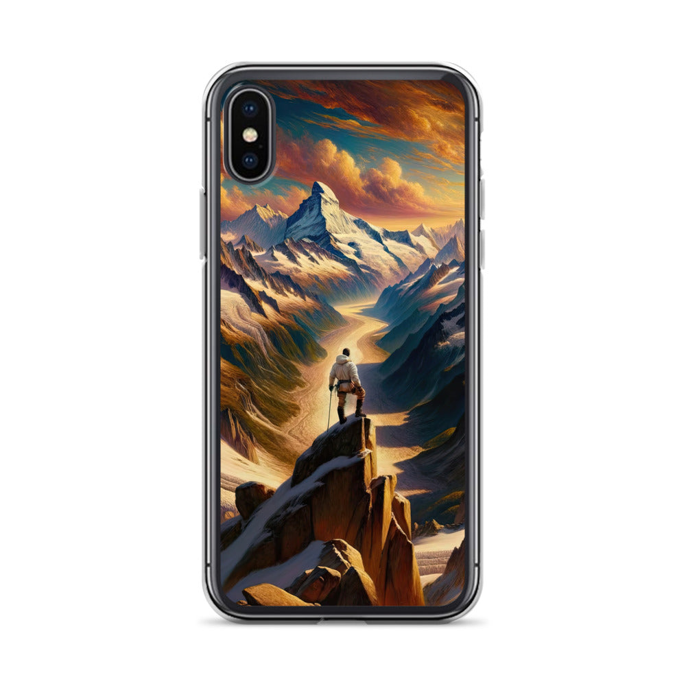 Ölgemälde eines Wanderers auf einem Hügel mit Panoramablick auf schneebedeckte Alpen und goldenen Himmel - iPhone Schutzhülle (durchsichtig) wandern xxx yyy zzz iPhone X/XS
