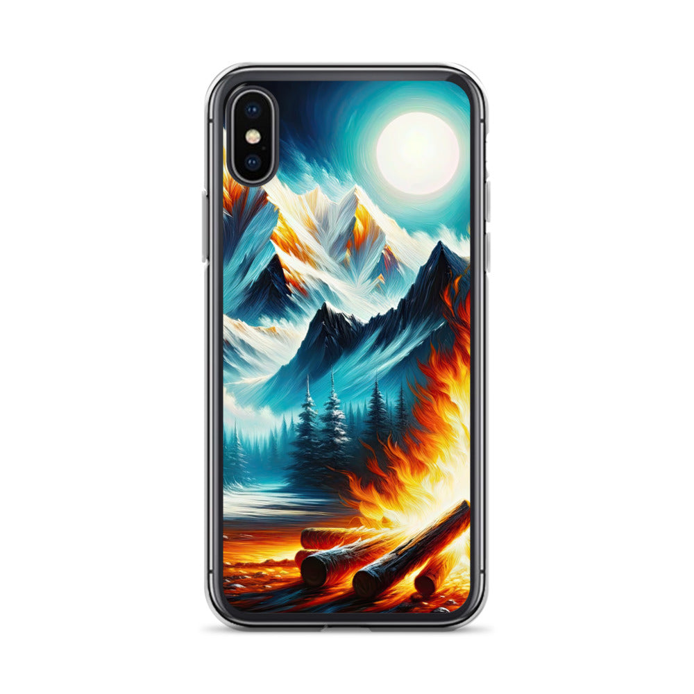 Ölgemälde von Feuer und Eis: Lagerfeuer und Alpen im Kontrast, warme Flammen - iPhone Schutzhülle (durchsichtig) camping xxx yyy zzz iPhone X/XS