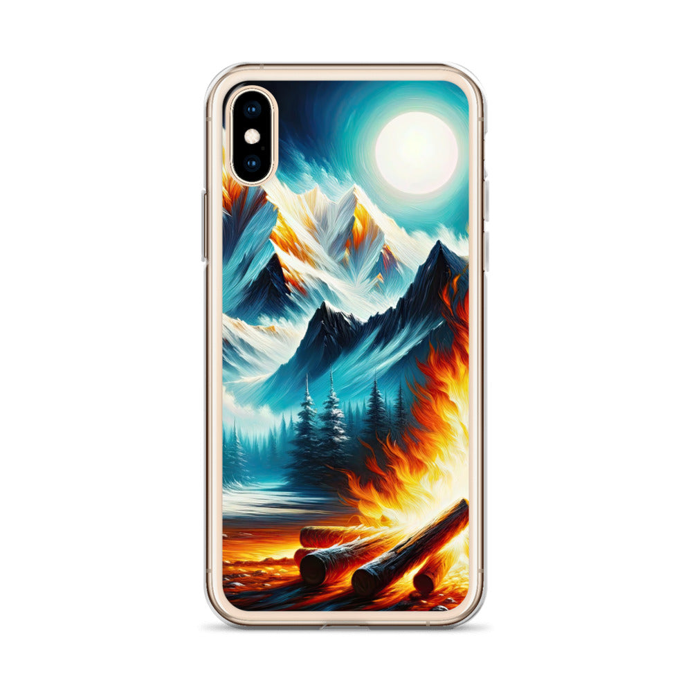 Ölgemälde von Feuer und Eis: Lagerfeuer und Alpen im Kontrast, warme Flammen - iPhone Schutzhülle (durchsichtig) camping xxx yyy zzz