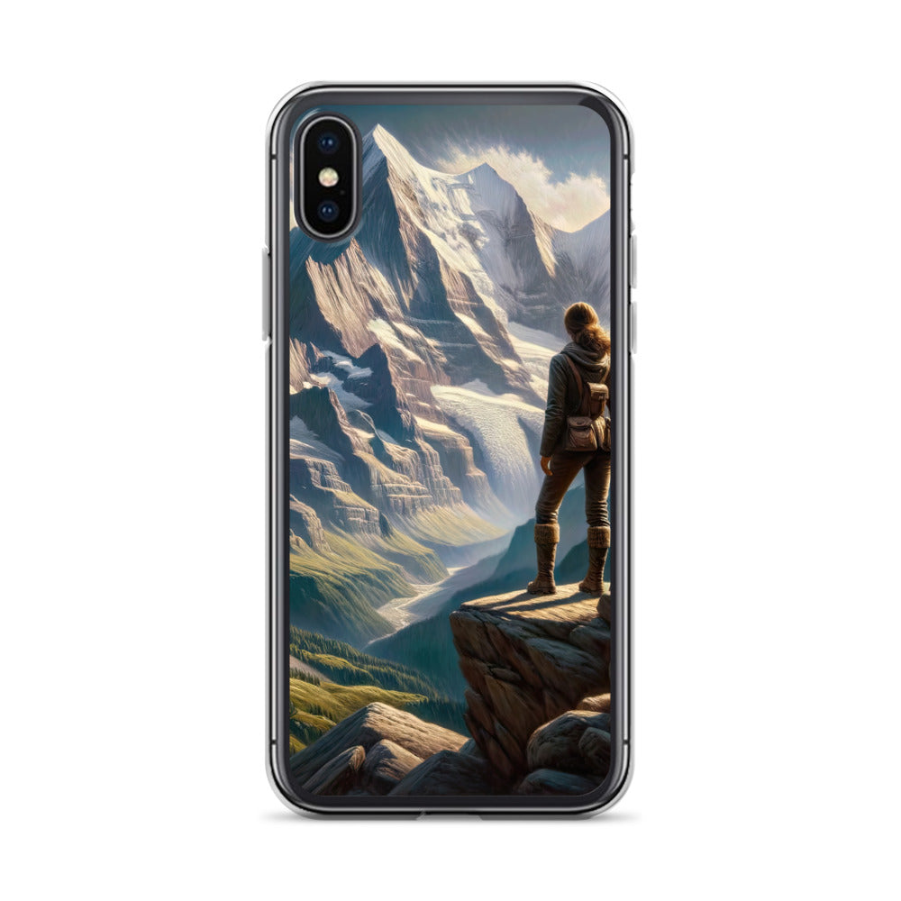 Ölgemälde der Alpengipfel mit Schweizer Abenteurerin auf Felsvorsprung - iPhone Schutzhülle (durchsichtig) wandern xxx yyy zzz iPhone X/XS