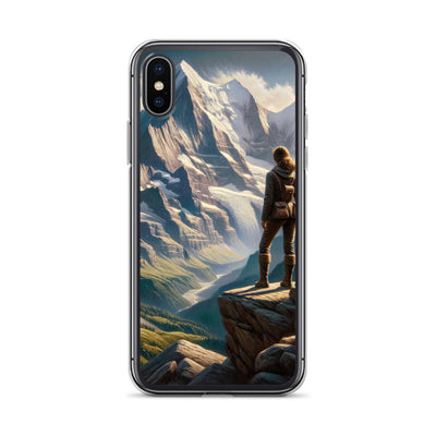 Ölgemälde der Alpengipfel mit Schweizer Abenteurerin auf Felsvorsprung - iPhone Schutzhülle (durchsichtig) wandern xxx yyy zzz iPhone X XS