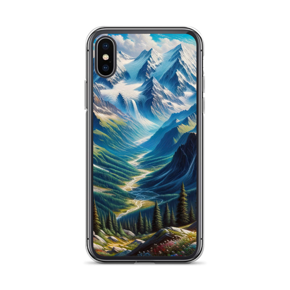 Panorama-Ölgemälde der Alpen mit schneebedeckten Gipfeln und schlängelnden Flusstälern - iPhone Schutzhülle (durchsichtig) berge xxx yyy zzz iPhone X/XS