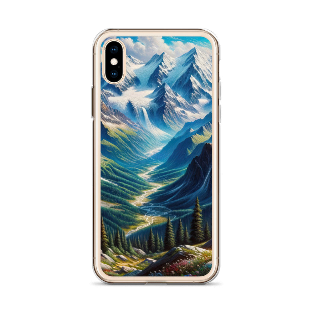 Panorama-Ölgemälde der Alpen mit schneebedeckten Gipfeln und schlängelnden Flusstälern - iPhone Schutzhülle (durchsichtig) berge xxx yyy zzz