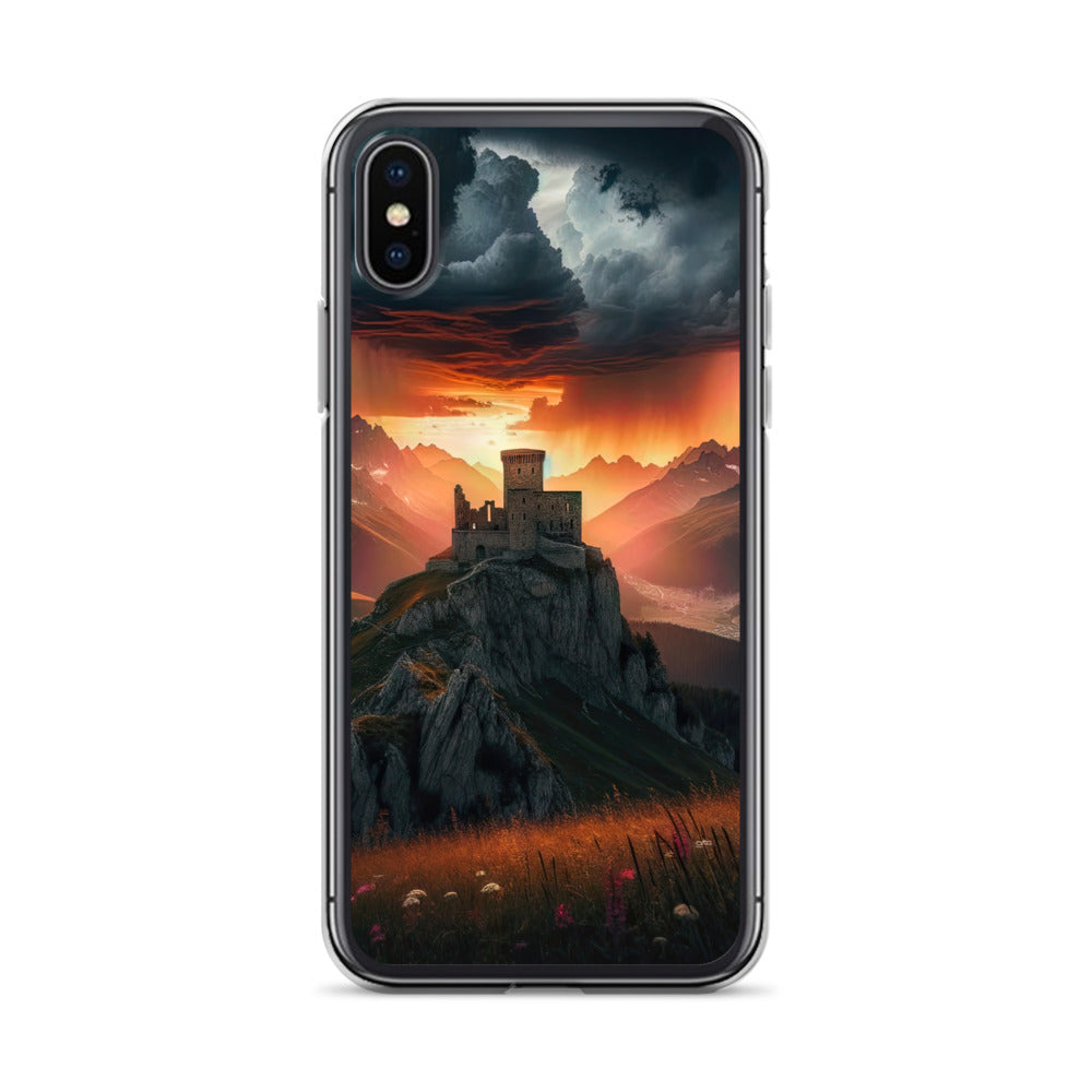 Foto einer Alpenburg bei stürmischem Sonnenuntergang, dramatische Wolken und Sonnenstrahlen - iPhone Schutzhülle (durchsichtig) berge xxx yyy zzz iPhone X/XS