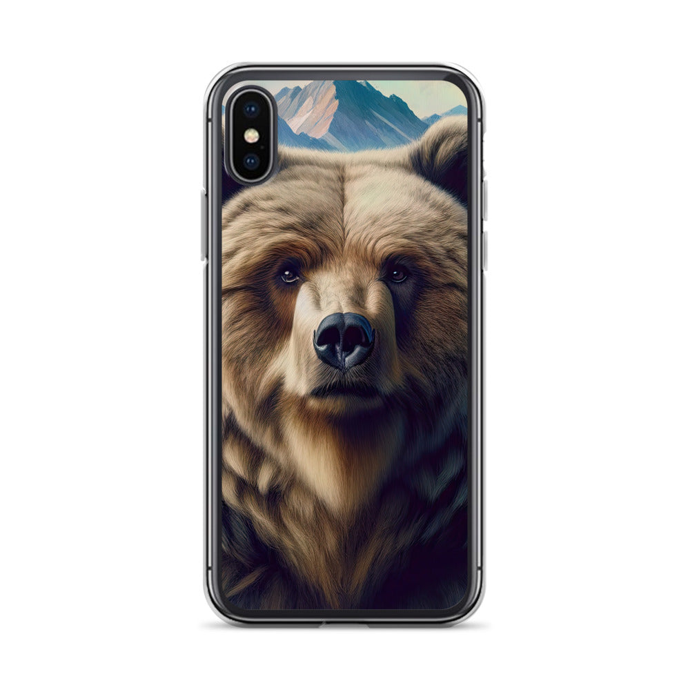Foto eines Bären vor abstrakt gemalten Alpenbergen, Oberkörper im Fokus - iPhone Schutzhülle (durchsichtig) camping xxx yyy zzz iPhone X/XS