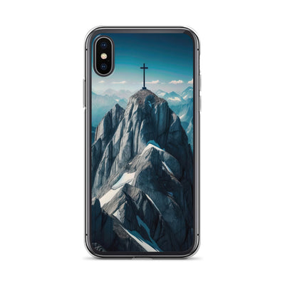 Foto der Alpen mit Gipfelkreuz an einem klaren Tag, schneebedeckte Spitzen vor blauem Himmel - iPhone Schutzhülle (durchsichtig) berge xxx yyy zzz iPhone X XS