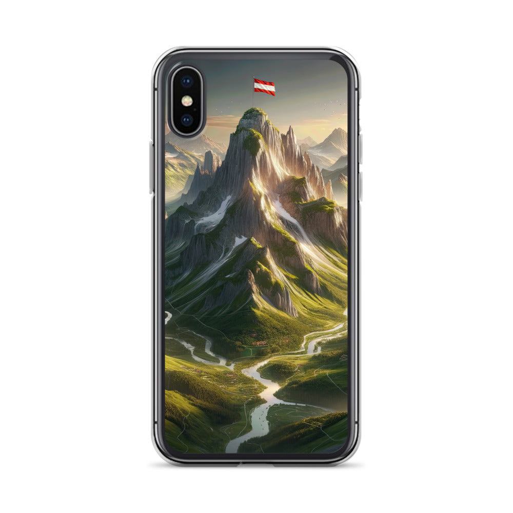 Fotorealistisches Bild der Alpen mit österreichischer Flagge, scharfen Gipfeln und grünen Tälern - iPhone Schutzhülle (durchsichtig) berge xxx yyy zzz iPhone X/XS