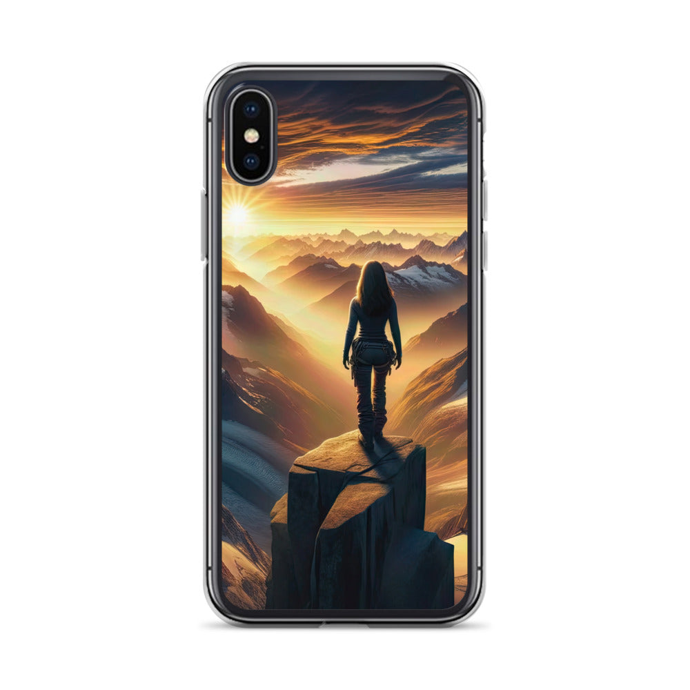 Fotorealistische Darstellung der Alpen bei Sonnenaufgang, Wanderin unter einem gold-purpurnen Himmel - iPhone Schutzhülle (durchsichtig) wandern xxx yyy zzz iPhone X/XS