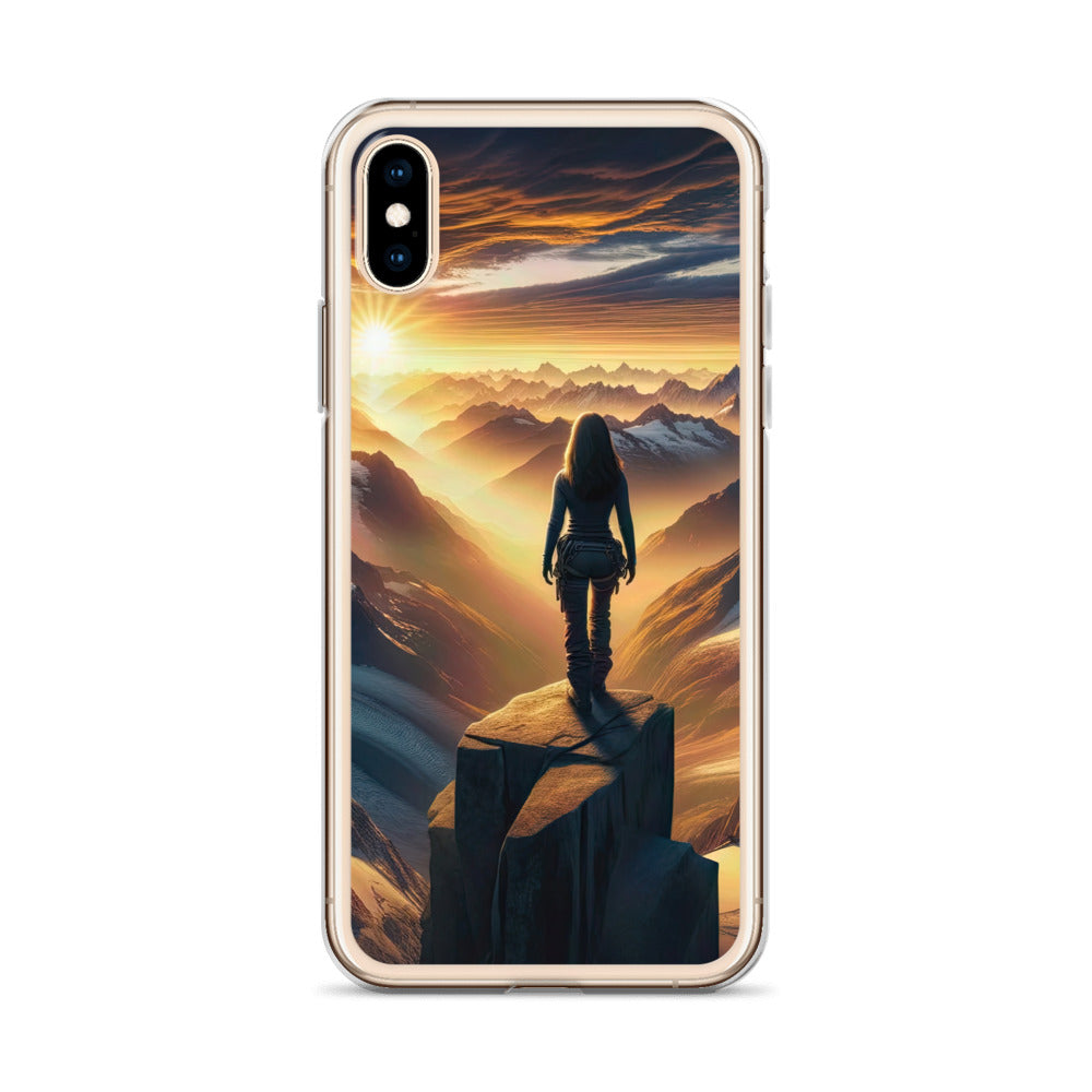 Fotorealistische Darstellung der Alpen bei Sonnenaufgang, Wanderin unter einem gold-purpurnen Himmel - iPhone Schutzhülle (durchsichtig) wandern xxx yyy zzz