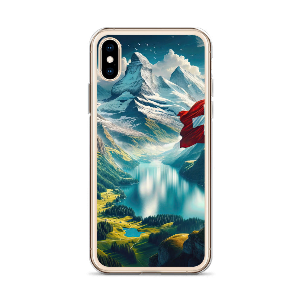 Ultraepische, fotorealistische Darstellung der Schweizer Alpenlandschaft mit Schweizer Flagge - iPhone Schutzhülle (durchsichtig) berge xxx yyy zzz