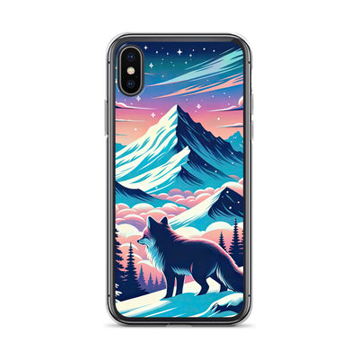 Vektorgrafik eines alpinen Winterwunderlandes mit schneebedeckten Kiefern und einem Fuchs - iPhone Schutzhülle (durchsichtig) camping xxx yyy zzz iPhone X/XS