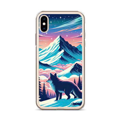 Vektorgrafik eines alpinen Winterwunderlandes mit schneebedeckten Kiefern und einem Fuchs - iPhone Schutzhülle (durchsichtig) camping xxx yyy zzz