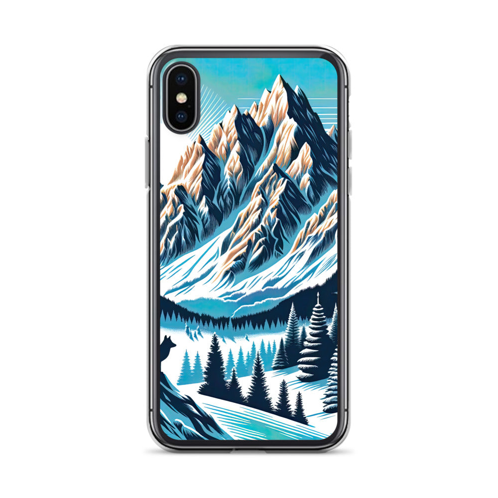 Vektorgrafik eines Wolfes im winterlichen Alpenmorgen, Berge mit Schnee- und Felsmustern - iPhone Schutzhülle (durchsichtig) berge xxx yyy zzz iPhone X/XS