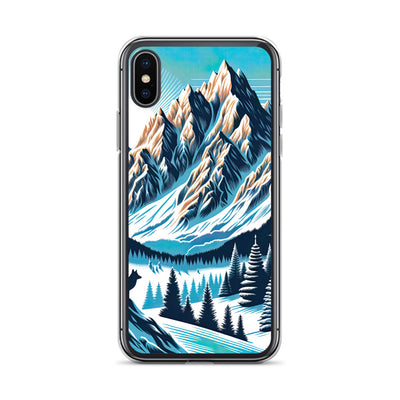 Vektorgrafik eines Wolfes im winterlichen Alpenmorgen, Berge mit Schnee- und Felsmustern - iPhone Schutzhülle (durchsichtig) berge xxx yyy zzz iPhone X XS