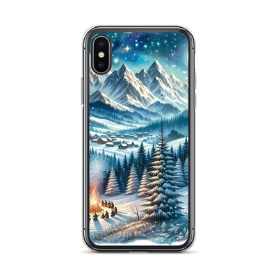 Aquarell eines Winterabends in den Alpen mit Lagerfeuer und Wanderern, glitzernder Neuschnee - iPhone Schutzhülle (durchsichtig) camping xxx yyy zzz iPhone X/XS
