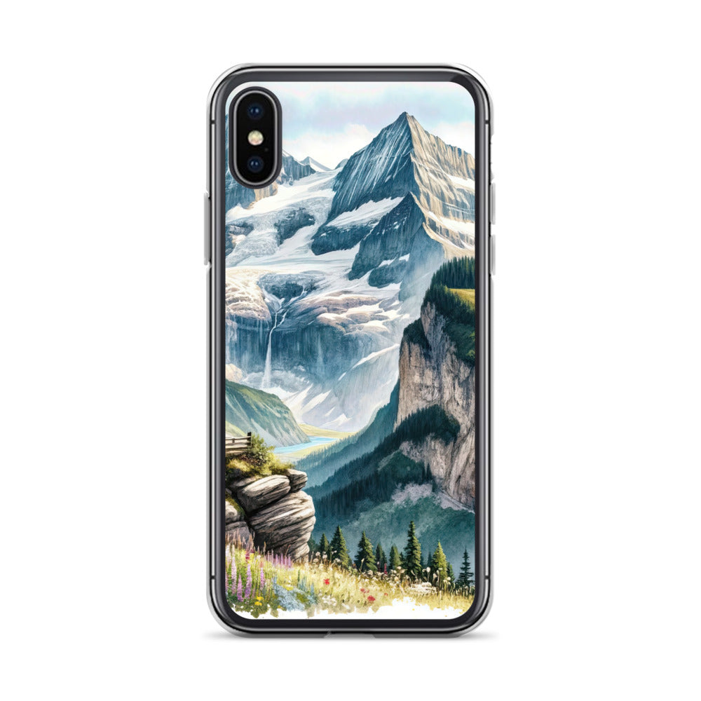 Aquarell-Panoramablick der Alpen mit schneebedeckten Gipfeln, Wasserfällen und Wanderern - iPhone Schutzhülle (durchsichtig) wandern xxx yyy zzz iPhone X/XS