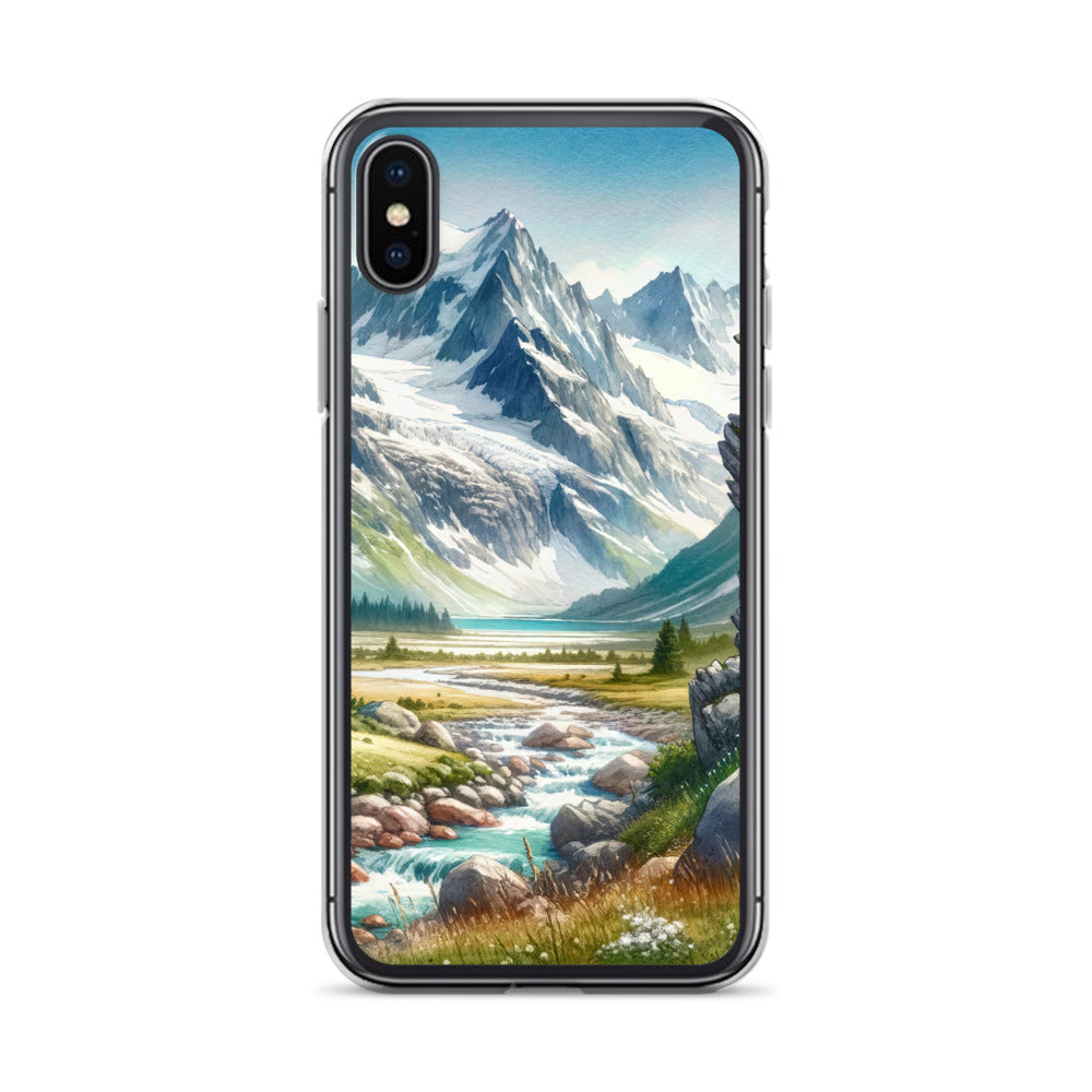 Aquarellmalerei eines Bären und der sommerlichen Alpenschönheit mit schneebedeckten Ketten - iPhone Schutzhülle (durchsichtig) camping xxx yyy zzz iPhone X/XS