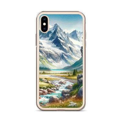 Aquarellmalerei eines Bären und der sommerlichen Alpenschönheit mit schneebedeckten Ketten - iPhone Schutzhülle (durchsichtig) camping xxx yyy zzz