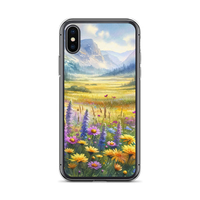 Aquarell einer Almwiese in Ruhe, Wildblumenteppich in Gelb, Lila, Rosa - iPhone Schutzhülle (durchsichtig) berge xxx yyy zzz iPhone X/XS
