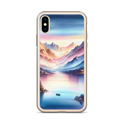 Aquarell einer Dämmerung in den Alpen, Boot auf einem See in Pastell-Licht - iPhone Schutzhülle (durchsichtig) berge xxx yyy zzz