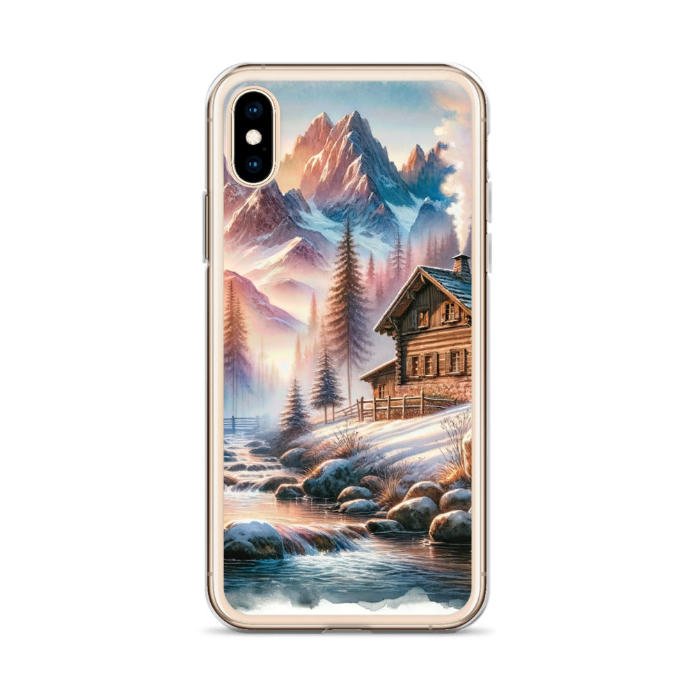 Aquarell einer Alpenszene im Morgengrauen, Haus in den Bergen - iPhone Schutzhülle (durchsichtig) berge xxx yyy zzz