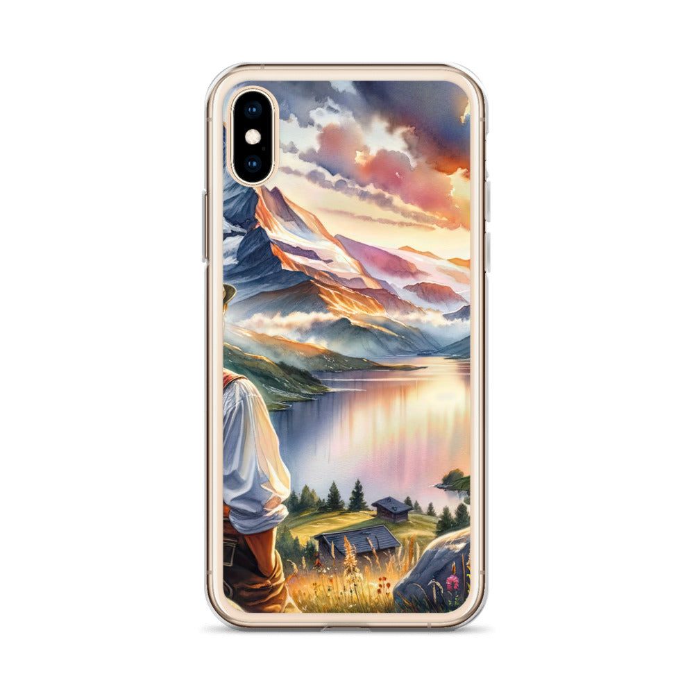 Aquarell einer Berglandschaft in der goldenen Stunde mit österreichischem Wanderer - iPhone Schutzhülle (durchsichtig) wandern xxx yyy zzz