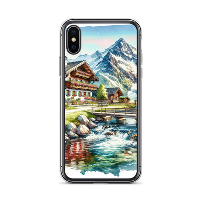 Aquarell der frühlingshaften Alpenkette mit österreichischer Flagge und schmelzendem Schnee - iPhone Schutzhülle (durchsichtig) berge xxx yyy zzz iPhone X/XS