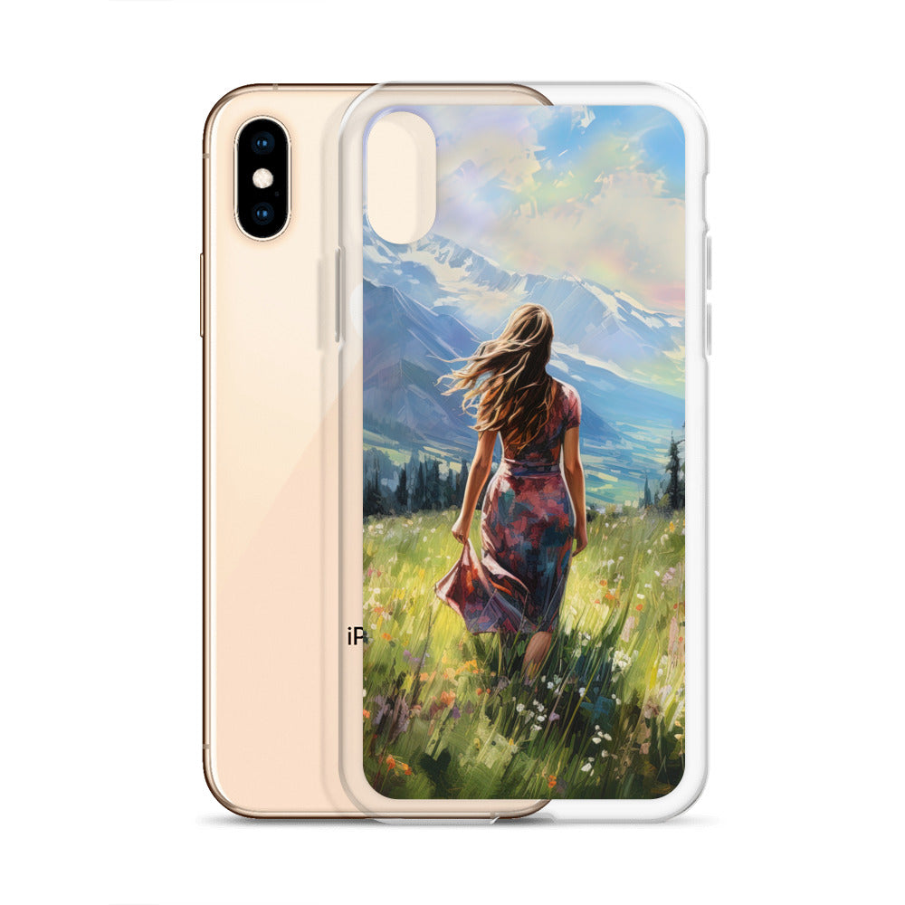 Frau mit langen Kleid im Feld mit Blumen - Berge im Hintergrund - Malerei - iPhone Schutzhülle (durchsichtig) berge xxx