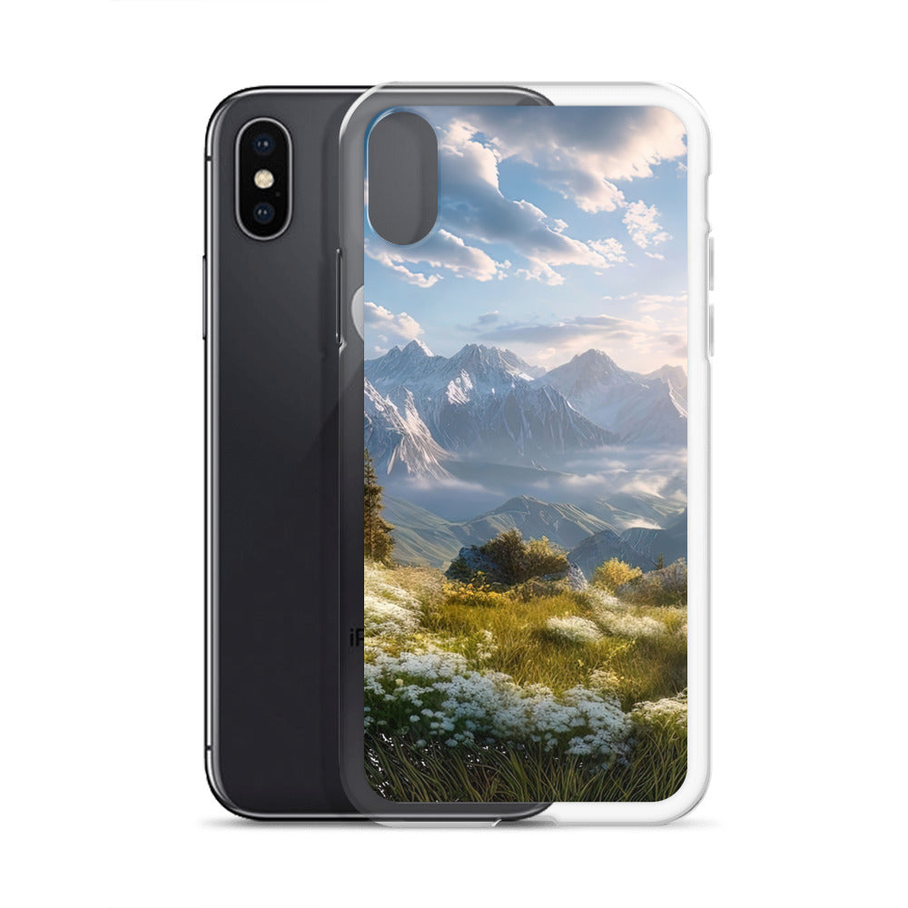 Berglandschaft mit Sonnenschein, Blumen und Bäumen - Malerei - iPhone Schutzhülle (durchsichtig) berge xxx