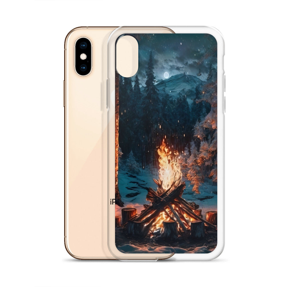 Lagerfeuer beim Camping - Wald mit Schneebedeckten Bäumen - Malerei - iPhone Schutzhülle (durchsichtig) camping xxx