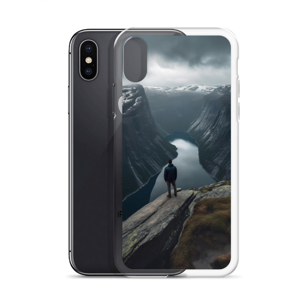 Mann auf Bergklippe - Norwegen - iPhone Schutzhülle (durchsichtig) berge xxx
