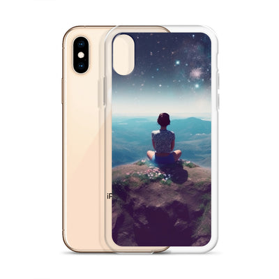 Frau sitzt auf Berg – Cosmos und Sterne im Hintergrund - Landschaftsmalerei - iPhone Schutzhülle (durchsichtig) berge xxx