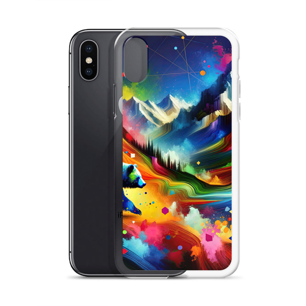 Neonfarbener Alpen Bär in abstrakten geometrischen Formen - iPhone Schutzhülle (durchsichtig) camping xxx yyy zzz
