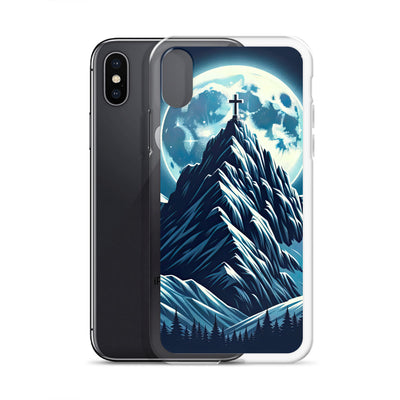 Mondnacht und Gipfelkreuz in den Alpen, glitzernde Schneegipfel - iPhone Schutzhülle (durchsichtig) berge xxx yyy zzz