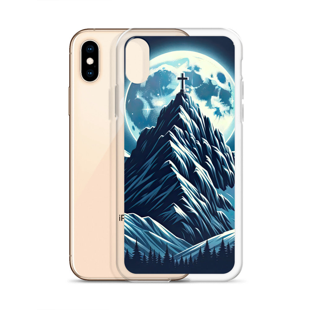 Mondnacht und Gipfelkreuz in den Alpen, glitzernde Schneegipfel - iPhone Schutzhülle (durchsichtig) berge xxx yyy zzz